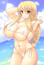 agrias_oaks big_breasts bikini bikini_pull blonde_hair blush braid breasts brown_eyes cleavage erect_nipples female final_fantasy final_fantasy_tactics final_fantasy_tactics_(original) huge_breasts large_breasts long_hair midriff pocopoco see-through single_braid sky solo swimsuit water