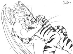 anthro ass balls closed_eyes dragon feline fur furry gay hug lying male muscles nude plain_background rthur sketch tail tiger wings