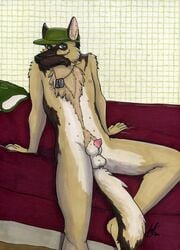 1boy anthro bed canine canine_penis fur furry german_shepherd green_eyes hat knot looking_at_viewer male male_only nipples nude penis pillow sheets sikes sitting solo tail