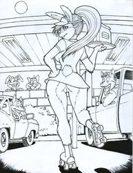 anthro ass bottomless breasts canine car carhop cat clothed clothing covered_breasts dog feline female fur furry furry_ass furry_tail hair interspecies lagomorph line_art lizebra long_hair male monochrome mouth multiple_males nopan open_mouth outdoors ponytail pussy rabbit rollerskates skates skating skirt smile tail tied_hair tongue tongue_out truck vehicle vulva waiter waitress watching