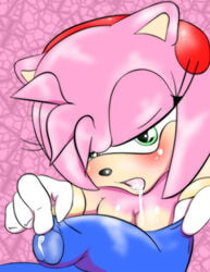 1boy 1girls after_fellatio amy_rose blue_penis blue_skin blue_testicles blush breasts cleavage cum cum_in_mouth cum_on_breasts female foreskin gloves green_eyes half-closed_eyes hedgehog looking_at_viewer open_mouth penis pinching pink_background pink_skin plain_background pov sega solo_focus sonic_(series) testicles uncut