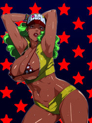 arms_up bikini curvy dark_skin erect_nipples eyeshadow ganto green_hair hair hat huge_breasts lips long_hair midriff navel navel_piercing red_eyes short_shorts sweat thick_thighs wide_hips