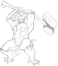 abs angry armpit_hair armpits balls biceps claws clenched_teeth demon erection fur gay greyscale hammer horn line_art male melee_weapon monochrome pecs penis plain_background ragnarokdragon teeth uncut war_hammer weapon white_background