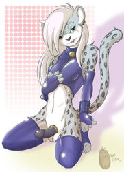 1boy anthro arm_warmers balls bell collar erection feline fingerless_gloves fur furry girly gloves hair kneeling latex leopard long_hair looking_at_viewer male male_only penis potato_otter precum solo thigh_highs wrist_cuff yellow_eyes