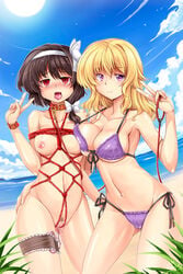 asymmetrical_docking beach bikini blonde_hair blue_eyes bondage breast_bondage breast_press breasts brown_hair collar crotch_rope female femsub hair_ribbon highres hishinawa_shibari large_breasts leash long_hair maribel_hearn matanawa multiple_girls nipples outdoors public purple_eyes red_eyes renko_usami ribbon short_hair side-tie_bikini swimsuit touhou v vibrator windart yuri