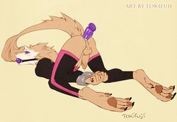 1boy anal anthro ball_gag bondage bound cuffs dildo gag hindpaw light_bondage male male_only masturbation paws precum scalie sergal sex_toy solo southern_sergal submissive tokifuji