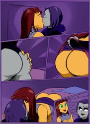 2girls ass ass_grab dat_ass dc dc_comics english_text female female_only kissing leotard multiple_girls panties panty_pull pink_panties rachel_roth raven_(dc) starfire teen_titans text the_killer_wc thing thong wedgie yuri