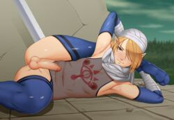 1boy armpits balls blonde_hair censored erection hair_over_one_eye looking_at_viewer male male_only mesh_top nipples penis pointy_ears rule_63 see-through_clothing sheik sheikah shiory slightly_chubby solo solo_male spread_legs testicles the_legend_of_zelda thick_thighs