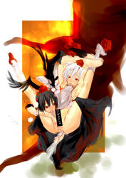 animal_ear black_hair blush bottomless breasts censored female footwear fur geta hat kneehighs momiji_inubashiri multiple_girls red_eyes rib:y(uhki) shameimaru_aya shoes short_hair socks spread_legs tail tengu tengu-geta text tokin_hat touhou translated white_hair wings wolf_ear wolf_tail yuri