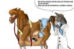 bondage bound clothing doctor donkey equine female feral furry furry_only horse human_to_feral humiliation inspection kaeaskavi male nude tail torn_clothing transformation wooden_horse