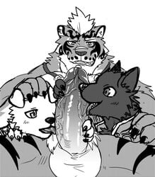 anthro balls canine erection feline fur group group_sex humanoid_penis licking lin_hu male mammal monochrome nekojishi penis precum sex simple_background tagme threesome tiger tongue tongue_out vein veiny_penis white_background yaoi