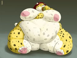 anthro big_breasts breasts burger eating feline female fur furry gillpanda leopard morbidly_obese nipples nude obese overweight sitting solo spots vore