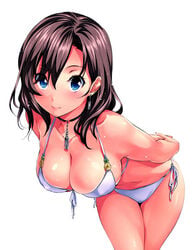 1girls bent_over bikini blue_eyes breasts brown_hair choker cleavage earrings female front-tie_top highres hikapan ichijou_manami jewelry leaning_forward menkui! pointy_chin side-tie_bikini solo source_request swimsuit white_background