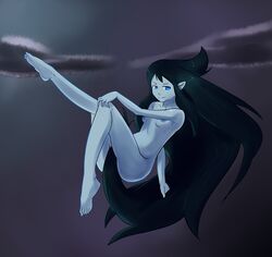 adventure_time black_hair blue_eyes breasts covering_crotch female floating grey_skin long_hair marceline night nipples pointy_ears sky solo threeworlds vampire