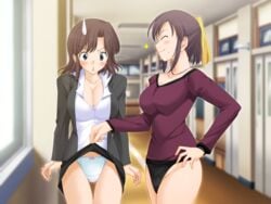 blush breasts brown_hair cleavage female female_only game_cg green_eyes hallway human inside koi_to_mizugi_to_taiyo_to large_breasts multiple_females multiple_girls one_closed_eyes panties purple_hair school school_uniform shock short_hair skirt_lift surprised teacher teachers underwear wink