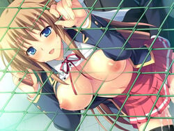 1girls against_fence blonde_hair blush breasts brown_hair cellphone clothing cum female fence from_behind game_cg inumori_papiko kare_no_tame_ni_dekiru_koto long_hair mashiro_saaya navel nipples no_bra open_clothes open_mouth open_shirt phone ribbon school_uniform sex shirt skirt softhouse_seal solo sweat thighhighs