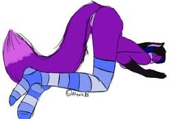 black blue canine ear_piercing earring facial_piercing female fox hair lavender piercing purple socks striped thigh