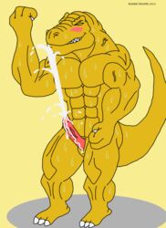 2013 abs anthro biceps closed_eyes cum dinosaur erection extreme_dinosaurs furry male male_only maxime-jeanne muscles nude orgasm pecs penis pose reptile scalie solo t-bone_(extreme_dinosaurs) tyrannosaurus_rex