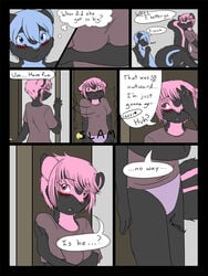 awkward blue_hair blush breasts comic covering devon_(nikora_angeli) dialogue female furry hair heart incest keri_(nikora_angeli) male masturbation nude on_back reboot siblings skunk spix straight tail teenager twincest twins underwear young