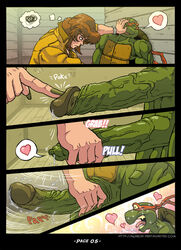 1boy 1girls akabur anthro april_o'neil april_o'neil_(tmnt_1987) balls big_penis brown_hair clothed clothed_female clothing comic cum duo female fingernails green_nails green_skin hair hand_on_head handjob happy heart human humanoid jumpsuit long_fingernails looking_at_penis looking_down male male/female mask michelangelo nude nude_male open_mouth page_5 penis poking precum prostitution smile standing straight teenage_mutant_ninja_turtles teeth the_slut_from_channel_6_-_part_3 tmnt_1987 tongue turtle veiny_penis yellow_clothing