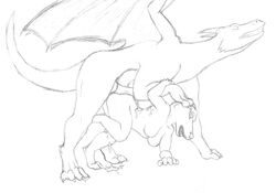 anthro bestiality breasts canine claws closed_eyes cum cum_on_back dragon dripping female feral interspecies knot koosh-ball male mammal orgasm penis raised_tail size_difference sketch steggy straight tail traditional wings zoophilia