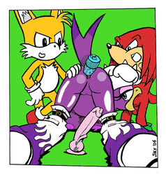 2006 anal anal_sex ass avian beak bent_over black_eyes blue_eyes breasts canine dildo echidna fellatio female fox green_background jiky knuckles_the_echidna male nipples oral oral_sex orange pants pants_down penetration penis plain_background purple purple_nipples pussy red sega sex sex_toy sonic_(series) sonic_riders straight swallow tails wave_the_swallow