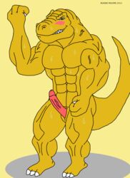 2013 abs anthro biceps dinosaur erection extreme_dinosaurs male male_only maxime-jeanne muscles nude pecs penis pose reptile scalie solo t-bone_(extreme_dinosaurs) tyrannosaurus_rex