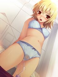 1girls blonde_hair blue_bra blue_panties blush bra breasts cagalli_yula_athha female female_only gundam gundam_seed human orgasm panties pussy_juice see-through see-through_panties short_hair solo squirting tomose_shunsaku underwear vibrator vibrator_under_panties wet_panties