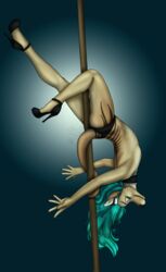 1boy 2011 blue_hair closed_eyes dancing ear_piercing earring facial_piercing fur hair high_heels male male_only mammal marsupial panties piercing pole_dancing scarlett_the_red solo thylacine topless underwear upside-down