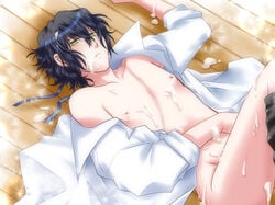 after_sex black_hair bottomless cum cum_on_body cum_on_boy gilbert_nightray gold_eyes hanamaru_(pixiv) male on_back open_clothes open_shirt pandora_hearts shirt yaoi yellow_eyes