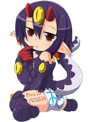 ass boots desco disgaea disgaea_4 earrings gloves highres horns jewelry monster_girl nippon_ichi_software panties pantyshot pantyshot_(sitting) pantyshot_sitting pointing pointy_ears purple_hair purple_legwear red_eyes short_hair signature simple_background sitting solo tail thigh_boots thighhighs underwear wariza