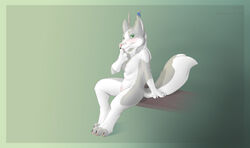 anthro antlers athus bell blush canine claws female fur furry grey horn pussy rarakie solo white_fur