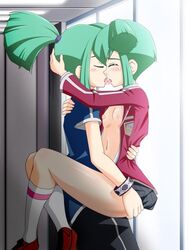 1boy 1girls blush breasts brother_and_sister clothed_sex clothing female green_hair holding human incest kissing leo_(yu-gi-oh!) leo_yu-gi-oh!_5d's lua_(yu-gi-oh!) luka_(yu-gi-oh!) luna_(yu-gi-oh!) male nipples saliva skirt small_breasts straight tongue twins uniform unknown_artist yu-gi-oh! yu-gi-oh!_5d's