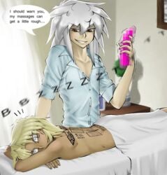 2boys blonde_hair clothing dark_skin dildo male marik_ishtar multiple_boys tattoo vibrating_dildo vibrator white_hair yami_bakura yaoi yu-gi-oh!