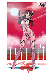 1girls bodysuit breasts brown_hair clothing female female_only ganassa glasses human light-skinned_female light_skin long_hair mari_illustrious_makinami medium_breasts neon_genesis_evangelion nerv pilot_suit plugsuit pubic_hair rebuild_of_evangelion solo tagme torn_clothes