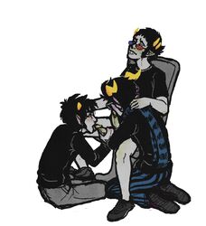 3boys biting_lip black_hair chair closed_eyes clothing diphallia diphallism eridan_ampora facing_away fangs fins gay glasses grey_skin homestuck horns karkat_vantas licking_penis ms_paint_adventures multi_penis penis pointy_ears scarf short_hair sollux_captor tongue_out troll white_background yellow_eyes