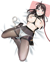 blush bondage breasts brown_eyes brown_hair chigusa_nana collar cuffs female femsub gag gloves handcuffs large_breasts latex leash legwear long_hair nana_to_kaoru nipples panties panties_under_pantyhose pantyhose pvc racco rope slave solo sweat underwear