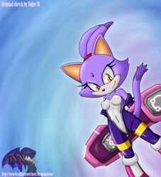 2011 amber_eyes anthro blaze_the_cat blush bodysuit boot breasts dragon_nexus exposed_breasts extreme_gear feline female fur furry hover_board looking_at_viewer navel nipples ponytail purple pussy sega solo sonic_(series) sonic_riders tail tied_hair tojyo undressing unzipped