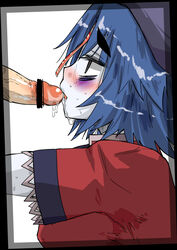 blue_hair blush censored cum cum_in_mouth fellatio geung_si hat jiangshi ofuda oral outstretched_arms pale_skin penis pointless_censoring profile seki_(red_shine) short_hair touhou yoshika_miyako zombie_pose