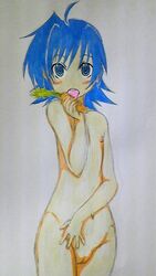 aichi_sendo blue_eyes blue_hair blush cardfight!!_vanguard carrot color female female_only flat_chest food front_view hair holding holding_food licking looking_at_viewer nude open_eyes open_mouth rule_63 solo standing tagme tongue vulva