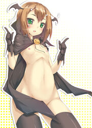 baka_to_test_to_shoukanjuu black_legwear blush brown_hair cape censored convenient_censoring cute_fang femboy gloves green_eyes hair_ornament hairclip head_wings hexagram kinoshita_hideyoshi male_only naked_cape navel nipples solo star_of_david sweatdrop thighhighs trap yukinon