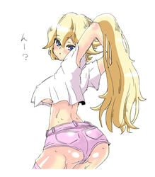 armpits arms_up blonde_hair blush clothes color crop_top female female_only hair human kerger360 long_hair looking_back mario_(series) nintendo princess_peach short_shorts solo standing sweat tagme