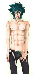 :p abs blue_hair color front_view green_eyes green_hair human johan_anderson light_skin looking_at_viewer male male_only navel pants pubic_hair shirtless simple_background solo spiky_hair tongue yu-gi-oh! yu-gi-oh!_gx