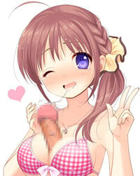 bikini braid breasts brown_hair censored female male mucha open_mouth original paizuri penis piyodera_mucha purple_eyes saliva saliva_trail straight swimsuit v wink