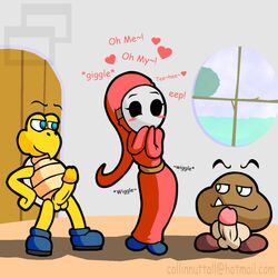 balls blue_eyes blush door dress female glans goomba green_eyes heart humanoid_penis interspecies koopa mario_(series) nintendo penis rule_63 shy shy_gal slushy window