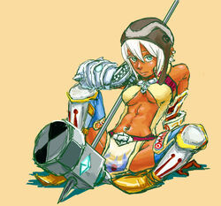 armor breasts clothes color dragon_nest ear_piercing female female_only footwear front_view hair hammer looking_at_viewer melee_weapon navel_piercing open_eyes piercing rule_63 short_hair solo tagme tan_skin teal war_hammer warrior weapon white_hair