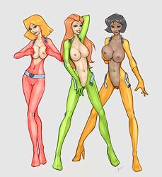 3girls alex_(totally_spies) belt black_hair blonde_hair blue_eyes bodysuit bowser_(artist) breasts brown_eyes bushido clover_(totally_spies) dark-skinned_female dark_skin exposed_breasts female female_only footwear green_eyes handwear hazel_eyes human long_hair multiple_females multiple_girls nipples open_clothes orange_hair pale_skin pussy redhead sam_(totally_spies) signature totally_spies trio uncensored yellow_eyes