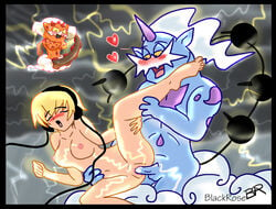 1girls 2boys blackrose blush closed_eyes cum drawn elesa_(pokemon) female heart human interspecies landorus lightning male pokémon_(species) pokemon pokephilia sex straight text thundurus voyeur