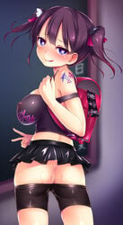 1girls ass ass_cleavage backpack bag bike_shorts black_hair blush breasts butt_crack female heart heart-shaped_pupils highres looking_at_viewer looking_back original pussy_juice randoseru satou_kuuki shorts shorts_pull solo symbol-shaped_pupils v