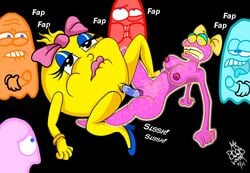 2011 blinky circle_jerk clyde double_dildo hair_bow inky inky_(pac-man) lipstick mrbooblover ms._pac-man ms._splosion_man pac-man_(series) pink_ribbon pinky_(pac-man) yuri